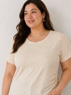$75 Retail Kim & Cami Cream Eyelet Tee Ruched Side Top Soft Minimalist XL